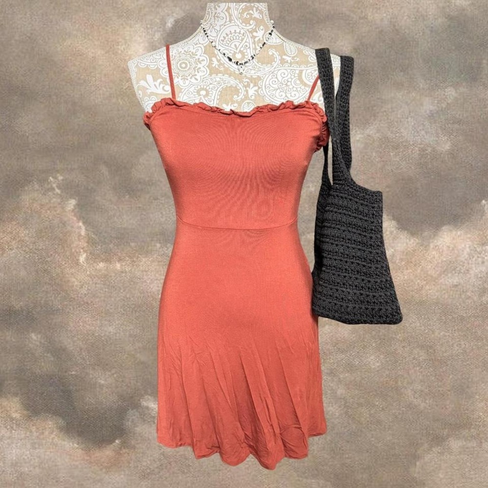 Volcom XS Rust Orange Ruffle Trim Bodycon Mini Dress Modal Blend Summer Casual